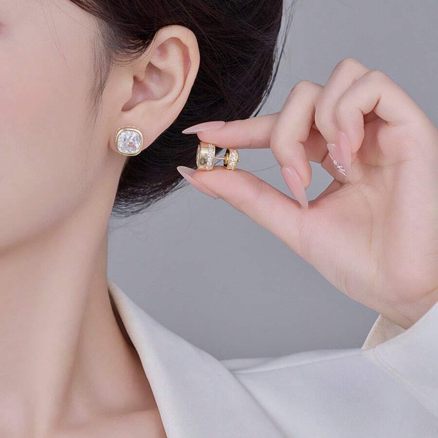 1 Đôi bông tai kiểu dáng sang trọng, đính đá Cubic Zirconia hình vuông, màu đồng oxy hóa và đá Aquamarine, thích hợp đeo hàng ngày cho nữ. - Bông tai thời trang - Xem 1