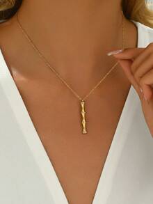 1 pieza Collar colgante de bambú con strass de acero inoxidable, collar minimalista adecuado para uso diario, ir al trabajo y vestimenta casual de mujer - Dorado - Ver 1