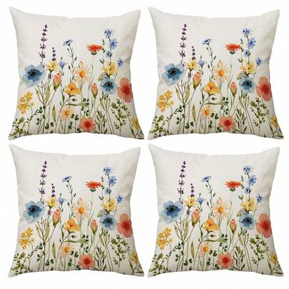 1 pieza/4 piezas Funda de cojín estampada con patrón floral silvestre de acuarela refrescante, impresión de un solo lado, 40*40cm, 45*45cm, 50*50cm, adecuada para tu sofá, decoración de la sala de estar, uso diario