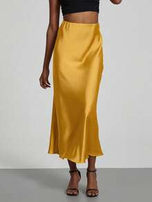 Se-Helo Women's Fashion All-Season Satin-Feel Elastic Waist Skirt Spring - Lemon Yellow - View 6