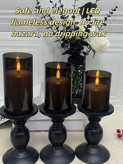 3pcs Black LED Flameless Candles - (Candle Holders Not Included) Realistic Flickering Warm Light, Battery Powered, 3 Sizes, Suitable For Modern Home Decor, Wedding Table Centerpieces And Holiday Parties
