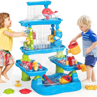 5-Tiers Luxury Water Table With Accessories, Children's Sand And Water Play Table Summer Fun Showers Splash Pool, Outdoor Garden Beach Toys For Kids Gift Birthday Presents