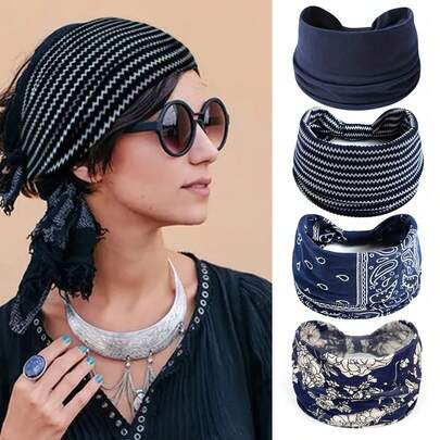 四条蓝色运动瑜伽头带，吸汗弹力头带，男女通用，适合跑步和健身，女士头巾，冬季发饰。