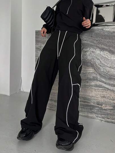 Men's Cotton Blend Relaxed Fit Ankle Length Casual Pants With Elastic Waist, Side Wave Stripe Decor, Casual Street Style For Daily Wear