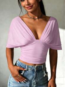 Womens Summer Wrap Tops Multi-Way Tie Back V Neck Bandage Wrap Top Blouse Shirt - Pink - View 2