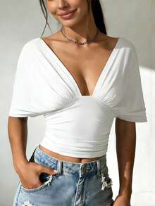 Womens Summer Wrap Tops Multi-Way Tie Back V Neck Bandage Wrap Top Blouse Shirt - White - View 2