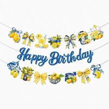 6款夏季水果主題生日裝飾－亮片生日快樂旗幟－適用於夏季水果主題生日派對用品，包含檸檬、草莓、櫻桃、馬丁尼主題，適合派對、生日／夏季主題／戶外野餐 - A - 查看 16
