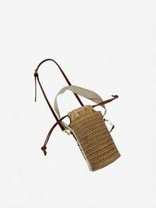 Vintage Woven Bucket Bag For Women, Hollow Straw Crossbody Bag With Drawstring Closure, Casual Summer Shoulder Bag With Leather Strap, Bohemian Style Tote Bag, Breathable & Lightweight, Suitable For Beach, Travel, Daily Commute, Versatile Holiday Style, Showcasing A Relaxed And Casual Vibe, Essential Fashion Item For Spring/Summer - 卡其色 - 查看 2