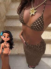 Bộ bikini 3 món màu đen in chấm bi dễ thương, kiểu cổ yếm, dành cho nữ, thích hợp cho kỳ nghỉ xuân/hè ở bãi biển. - Nhiều màu - Xem 1