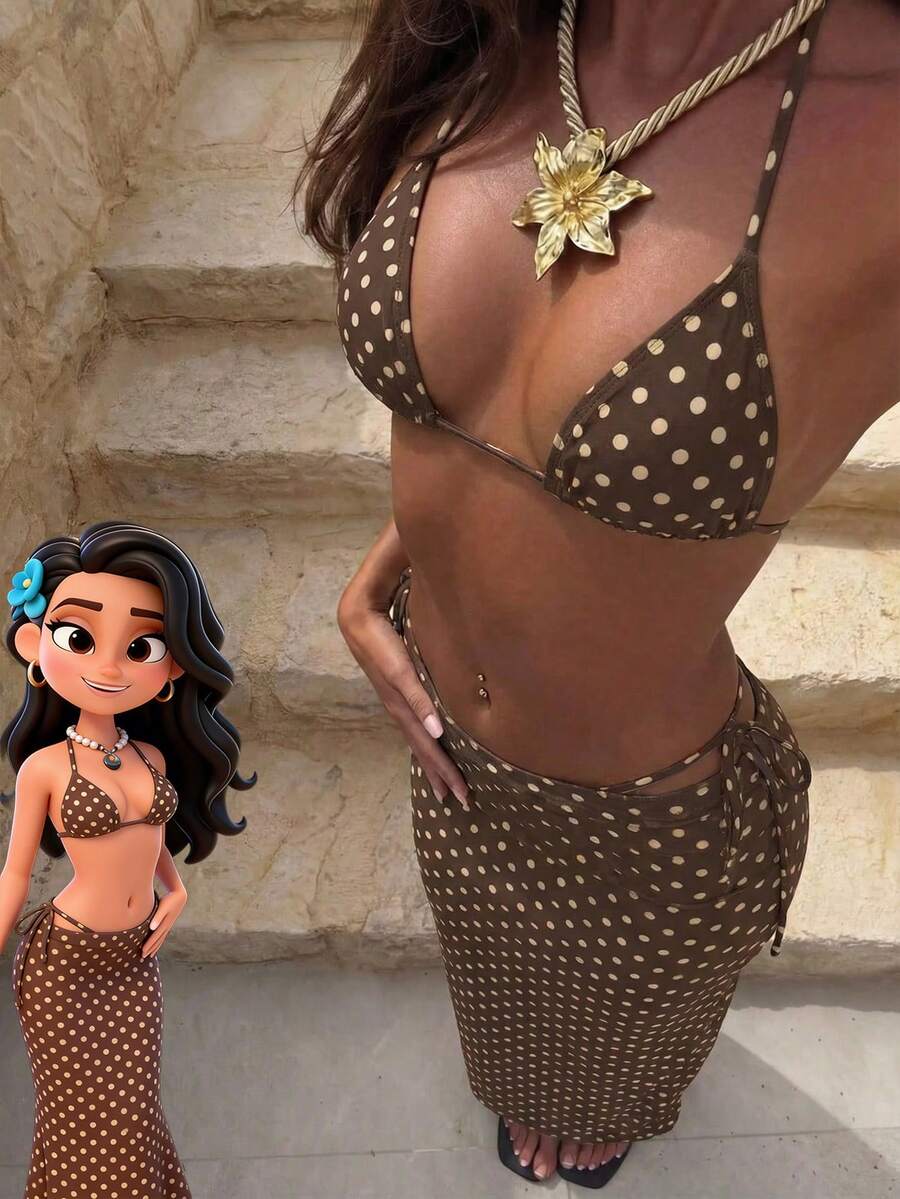 Bộ bikini 3 món màu đen in chấm bi dễ thương, kiểu cổ yếm, dành cho nữ, thích hợp cho kỳ nghỉ xuân/hè ở bãi biển. - Nhiều màu - Xem 1