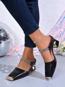 水钻方头套脚穆勒鞋，金属不对称后跟无后跟凉鞋，优雅女士百搭高跟穆勒鞋 - 黑色 - 查看 5