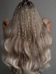 1pc Glamorous Rhinestone Tassel Headchain, Fashion Jewelry Accessory For Bride Wedding Gown, Party Dress - Gold - View 1