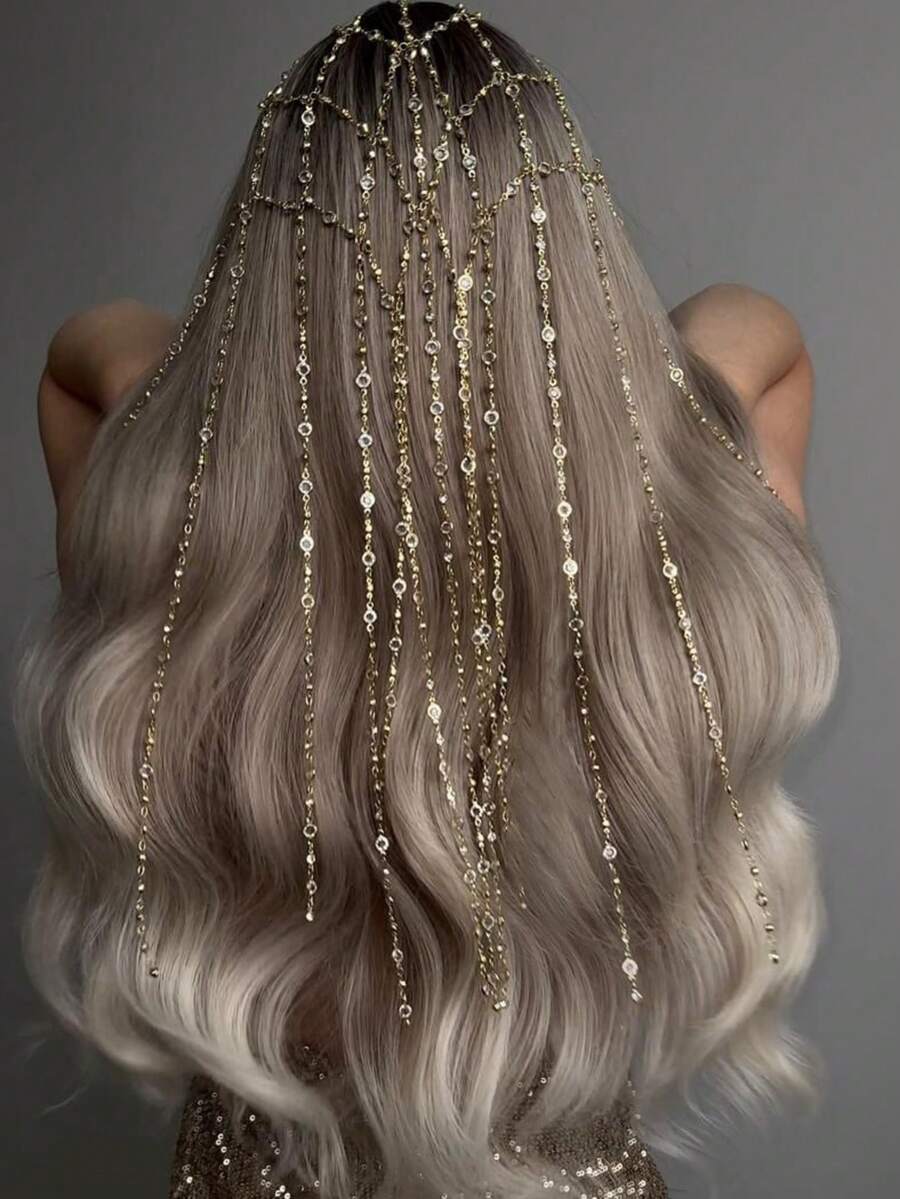 1pc Glamorous Rhinestone Tassel Headchain, Fashion Jewelry Accessory For Bride Wedding Gown, Party Dress - Gold - View 1