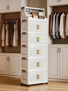 1pc Multi-Layer Foldable Storage Cabinet, Household Simple Foldable Plastic Cabinet, Large Capacity For Snacks, Sundries, Clothes, Toys - White - View 9