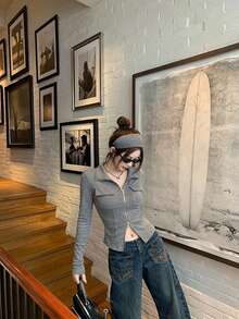 Women's Solid Color Casual Versatile Long Sleeve T-Shirt For Daily Wear - Grey - View 2