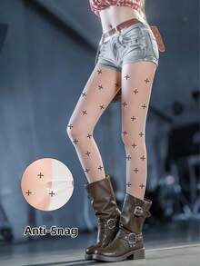 1 件装女士十字印花防勾丝透明连裤袜，薄款隐形自然裸色丝袜，适合日常穿着和派对穿着。 - 杏色 - 查看 1