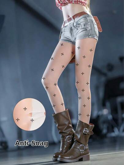 1 件装女士十字印花防勾丝透明连裤袜，薄款隐形自然裸色丝袜，适合日常穿着和派对穿着。