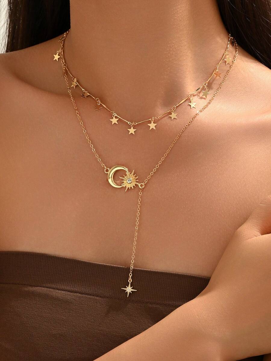 2件套简约INS风金色星星流苏项链，时尚百搭星月装饰Y字形颈链，适合日常佩戴、约会、派对、音乐节等场合。链长可定制。 - 金色 - 查看 1