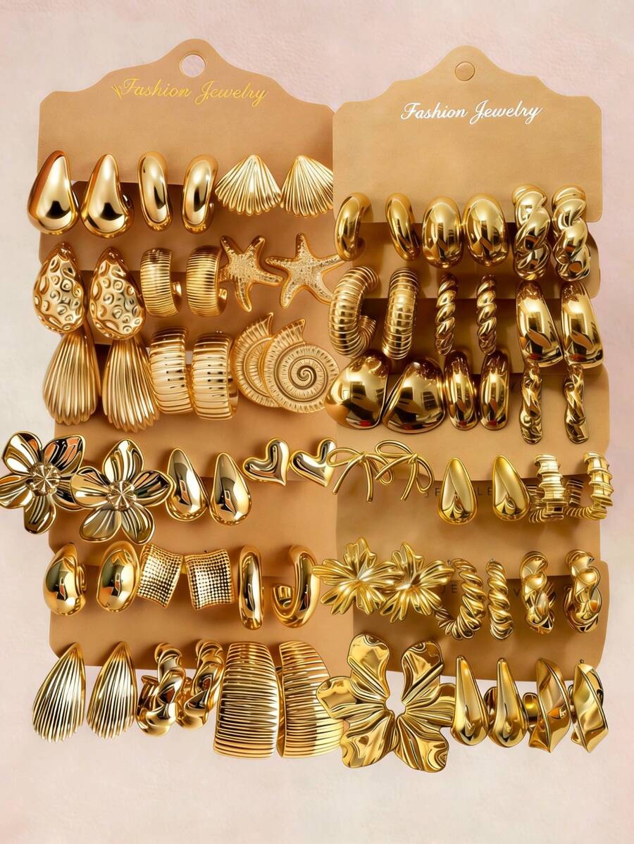 30/24/18/6pcs Fashionable Vintage Exaggerated Beach Style Shell, Starfish, Conch C-Shape Earrings Set, Suitable For Daily, Beach, Party, Gift For Girlfriend/Mom, Random Style (Random Card Color) - Yellow Gold - View 1