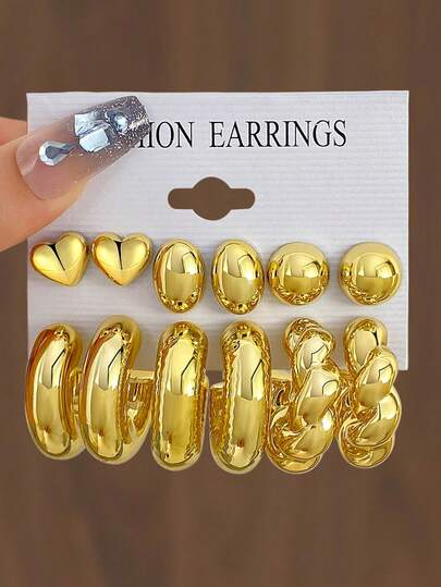 12 piezas Juego de aretes geométricos asimétricos con forma de corazón y gota de agua de metal elegante en 3D, diseño de lujo minimalista único y personalizado, adecuado para uso diario
