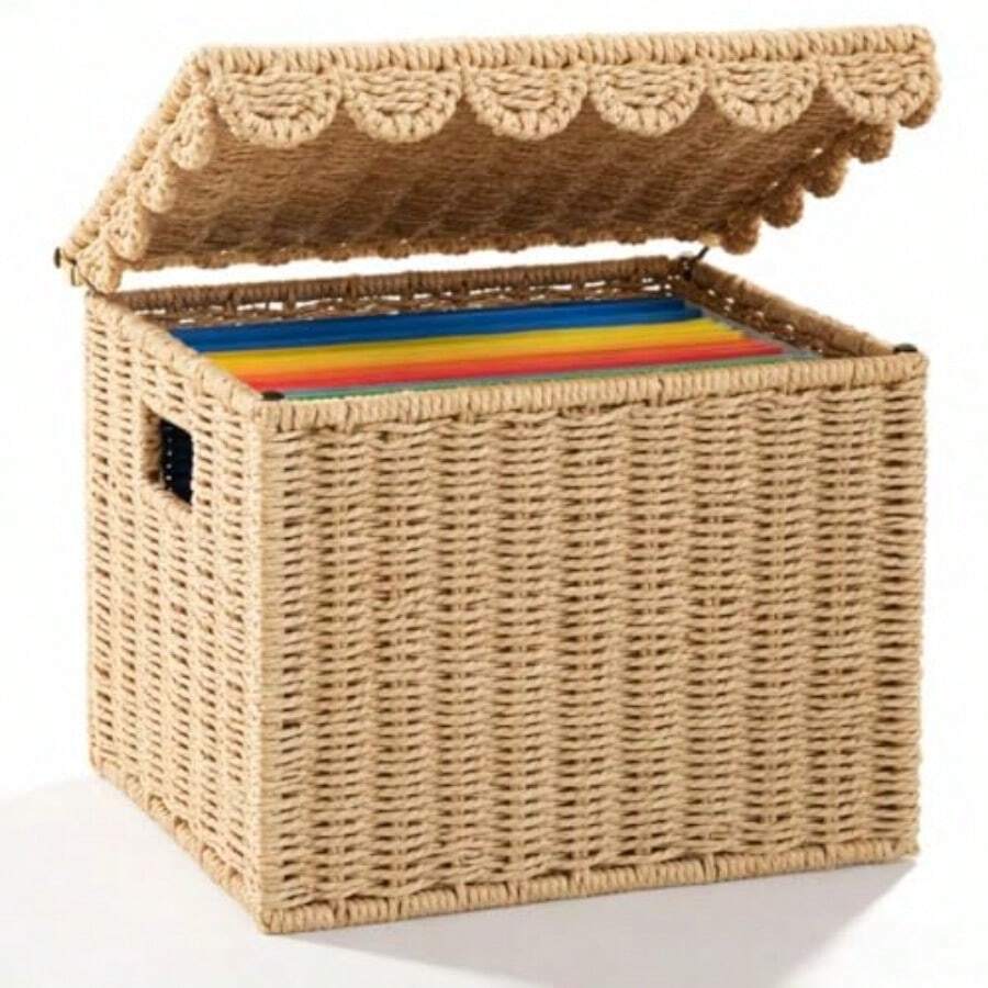 Caja de almacenamiento de archivos de cuerda de papel con tapa festoneada plegable tamaño carta organizador para colgar en la oficina y el hogar caja de almacenamiento de documentos - Beige - Ver 1