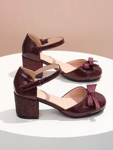 1 Pair Girls' Sequin Chunky Heel Bow Decor Princess Style Performance High Heels, Suitable For All Seasons - Burgundy - View 2