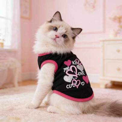 1 pieza Camiseta para mascotas, ligera de verano, camiseta antipelusas para gatos, nueva camiseta con estampado de la letra "Te amo", ropa casual transpirable y cómoda para mascotas, adecuada para caniche, bulldog y perros pequeños en todas las estaciones, atuendo de verano para mascotas, Día de la Madre