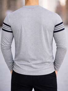 Men's Long Sleeve Red Striped T-Shirt, Slim Fit, Casual, Comfortable - 淺灰色 - 查看 2