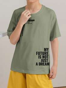 男童励志语录印花橄榄绿宽松街头休闲夏季短袖T恤 - 橄欖綠 - 查看 2