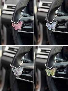 1pc Acrylic Butterfly Pearl Chain Steering Wheel Decoration Exquisite Interior Accessories For Women - A - View 1