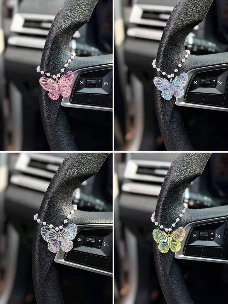 1pc Acrylic Butterfly Pearl Chain Steering Wheel Decoration Exquisite Interior Accessories For Women - A - View 1