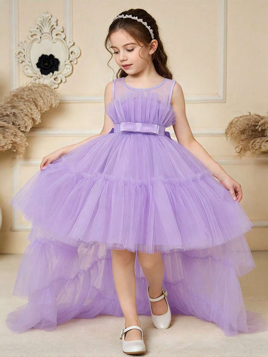 Girls' Elegant Bowknot Tulle Trailing Puff Dress, Suitable For Birthday Party, Banquet, Does Not Include Headband - 紫色 - 查看 1