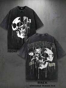 2026 New Arrival Vintage Western Washed Men Vintage Rodeo Style Comfort Tops Men's Vintage Washed Cotton YoungLA Dripping Skull Graphic Oversized T-Shirt - Retro Y2K Streetwear Style Casual Tee, Distressed Gothic Short Sleeve Top Casual Daily Outfits Streetwear Western Graphic Tee - Black - View 1