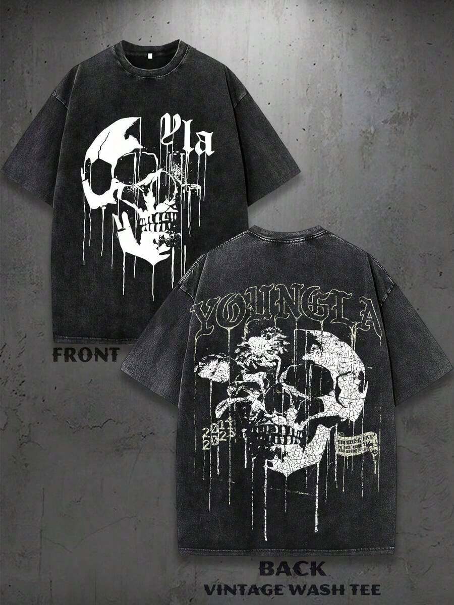 2026 New Arrival Vintage Western Washed Men Vintage Rodeo Style Comfort Tops Men's Vintage Washed Cotton YoungLA Dripping Skull Graphic Oversized T-Shirt - Retro Y2K Streetwear Style Casual Tee, Distressed Gothic Short Sleeve Top Casual Daily Outfits Streetwear Western Graphic Tee - Black - View 1