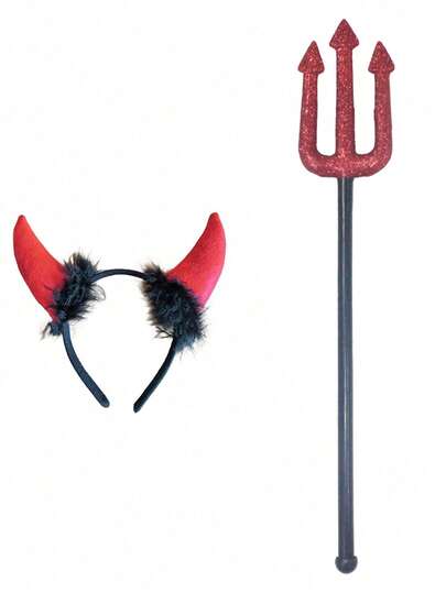 1件/2件装饰性金色粉末迷你红色三叉戟塑料武器，搭配毛绒恶魔角头箍，舞台表演道具，节日服装配饰