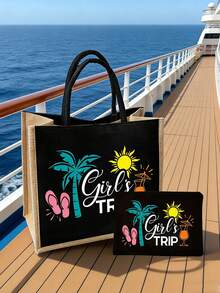 Bolso de tela con estampado tropical "Girl's Trip" y estuche a juego para maquillaje, bolso de lona con estampado de palmeras, sol y chanclas para playa y vacaciones, bolso de yute reutilizable - Multicolor - Ver 6