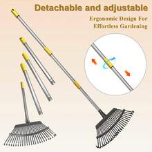 Ergonomic Adjustable Garden Leaf Rake, Stainless Steel Telescopic Handle Lawn Rake, Rust-Resistant And Detachable Gardening Tool, Suitable For Leaf Removal, Lawn Care, Soil Loosening, And Yard Cleaning, All Year Round. - C - 查看 3