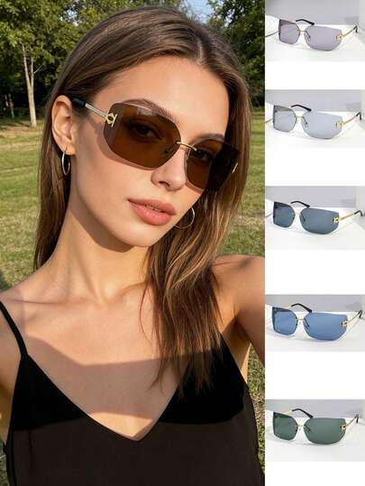 1 pieza Gafas de sol rectangulares sin marco de moda, con marco de metal dorado, UV 400, estilo Y2K, diseño ligero, adecuadas para viajes, conducción, uso diario, playa de verano y actividades al aire libre