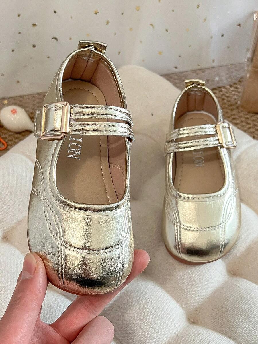 1 Pair 2026 Girls' Metallic Striped Decor Jelly PU Square Toe Mary Jane Single Buckle Flat Luxury Princess Style Shoes, Suitable For Daily School, Summer Outdoor Beach, Children's Day Birthday Photo Shoot And Other Occasions - Gold - View 1