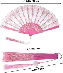 Lace Handheld Folding Fan Embroidered Flower Decorative Folding Fans Japanese Hand Fan 1920s Costume Wedding Bridal Dancing Tea Party (1, White) - Pink - 查看 3