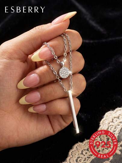 ESBERRY 1pc S925 Sterling Silver Double-Layer Clavicle Chain Pendant Necklace, Elegant Jewelry Gift For Birthday, Date