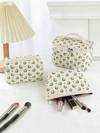 3pcs Makeup Bag Set | Portable Travel Organizer + Brush Holder + Pouch | Corduroy Texture + Fresh Leaf Print | Multiple Colors | Elegant Girl Essential | Makeup Brushes/Powder/Lipstick All-In-One Storage