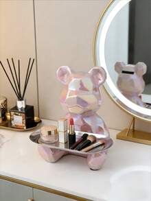 1 件抽象陶瓷电镀熊雕像，带托盘，用于存放装饰品、钥匙、化妆品储物托盘和存钱罐书架雕像装饰。最佳礼物 - 粉色 - 查看 3