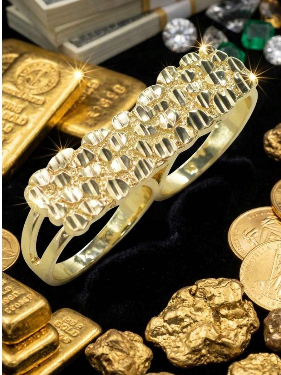 1 pieza Anillo doble para dedo de diseño dorado, anillos apilables para hombres - Dorado - Ver 1