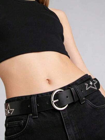1 pieza Cinturón negro minimalista y versátil para mujer, cinturón de cuero a juego con remaches de estrella de cinco puntas, disponible