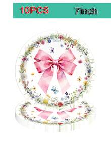 10pcs Pink Ribbon Bow Party Supplies Set, Including Plates, Napkins, Suitable For Wedding, Bachelorette Party, Birthday Party, Girly Theme Events - Multicolor - View 6