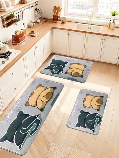 1pc Cute Cat Pattern Kitchen Floor Mat, Faux Wool Washable Square Kitchen Decor Mat, Soft Easy Clean Entrance Rug, Minimalist Cartoon Design Doormat, Suitable For Kitchen, Dining Room, Homestay, Hotel, Living Room, Hallway, Holiday Gift, Spring/Summer New Arrival