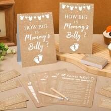 126件婴儿派对游戏用品，包含4种款式：牛皮纸、粉色蝴蝶结、蓝色小熊、婴儿派对主题，1个“妈妈的肚子有多大”标牌，50张卡片，75个派对游戏 - 查看 4