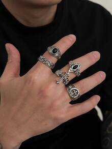 5件套时尚朋克嘻哈十字花戒指套装，适合男士日常佩戴，珠宝礼品 - 復古銀色 - 查看 3