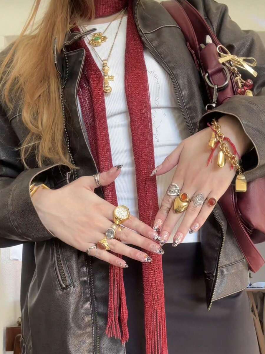 1pc Vintage Unique Multi-Season Versatile Ribbon Tassel Scarf, Minimalist Easy To Match, Suitable For Party Outfits - Red - View 1